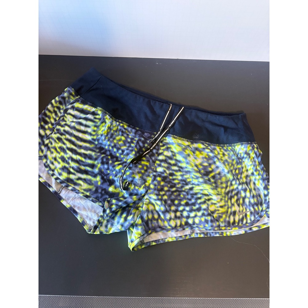Nike Dri-FIT Womens Running Shorts Medium Neon Yellow Blue Abstract Print